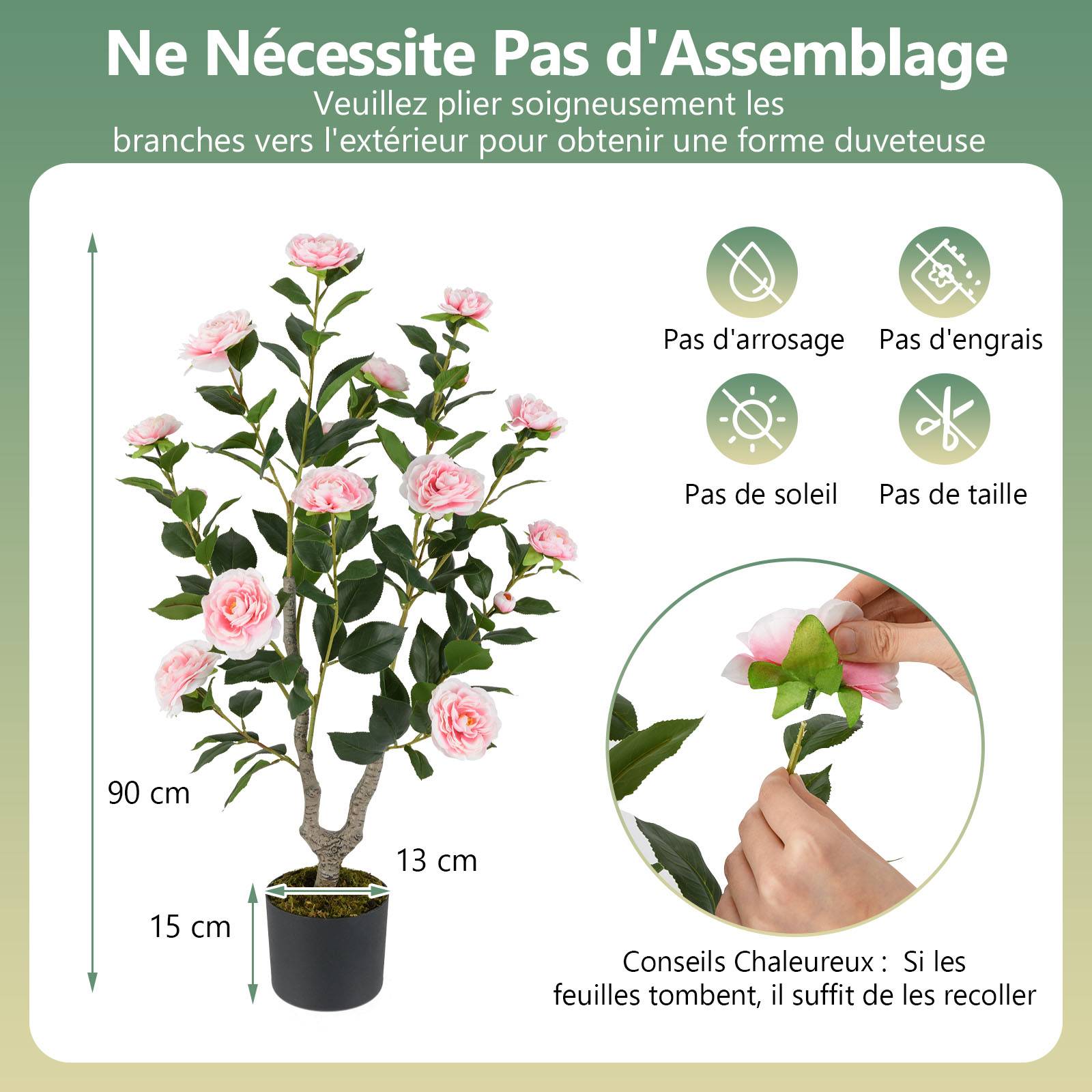 Arbre de Camélia Artificiel de 90 cm, Plante à Fleurs Artificielles dans un Pot de Pépinière, Faux Arbre en Pot, Plante Florale Verte, Rose - Image 2