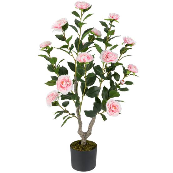 Arbre de Camélia Artificiel de 90 cm, Plante à Fleurs Artificielles dans un Pot de Pépinière, Faux Arbre en Pot, Plante Florale Verte, Rose - Image 1