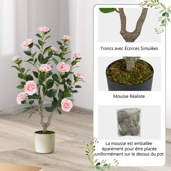 Arbre de Camélia Artificiel de 90 cm, Plante à Fleurs Artificielles dans un Pot de Pépinière, Faux Arbre en Pot, Plante Florale Verte, Rose - Image 4