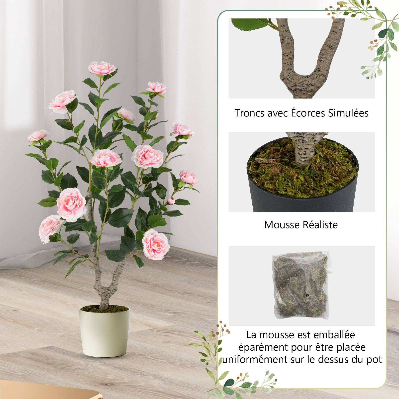 Arbre de Camélia Artificiel de 90 cm, Plante à Fleurs Artificielles dans un Pot de Pépinière, Faux Arbre en Pot, Plante Florale Verte, Rose - Image 4