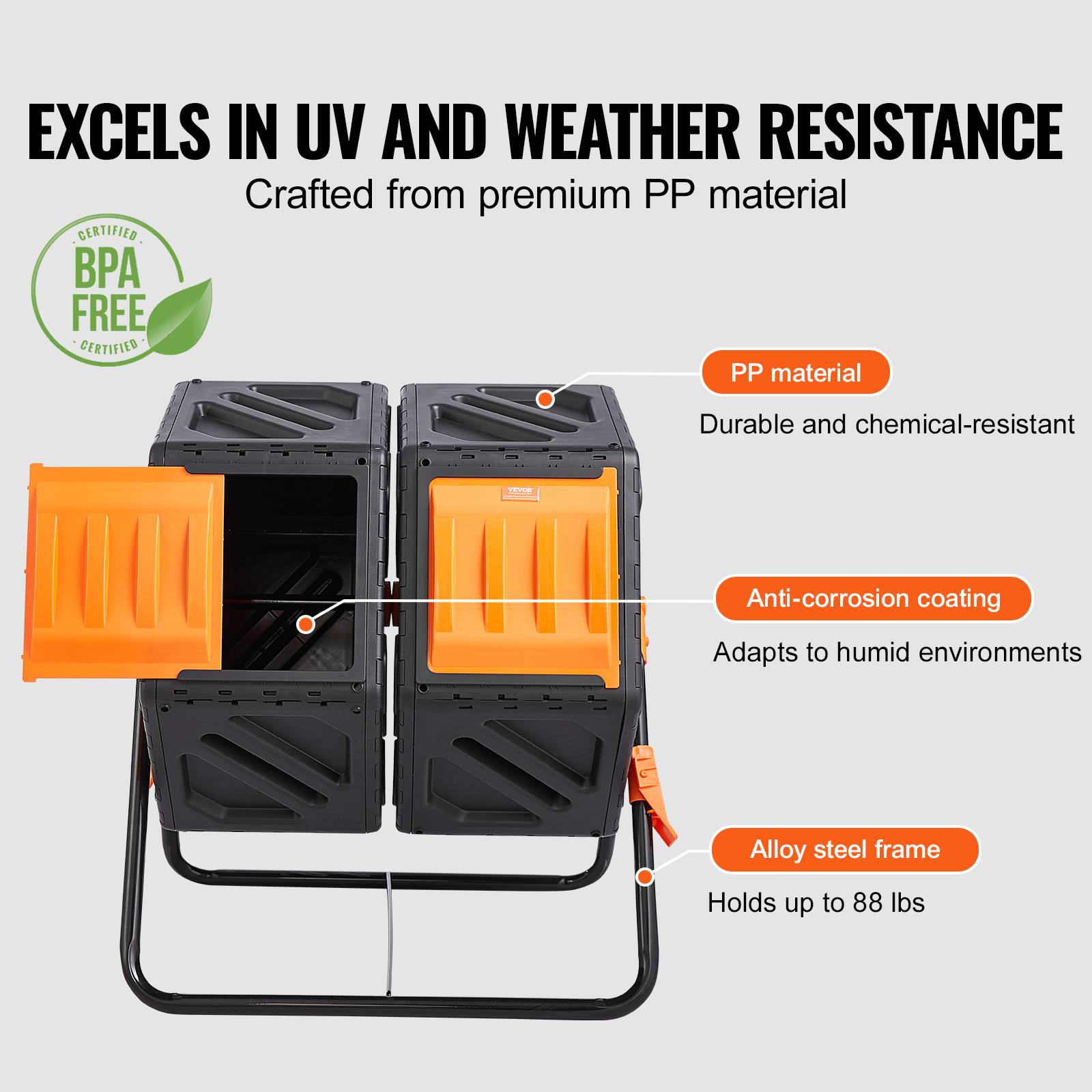 VEVOR Composteur rotatif 140 L double chambre PP sans BPA, rotation 360°, charge 40 kg pour déchets organiques. - Image 4