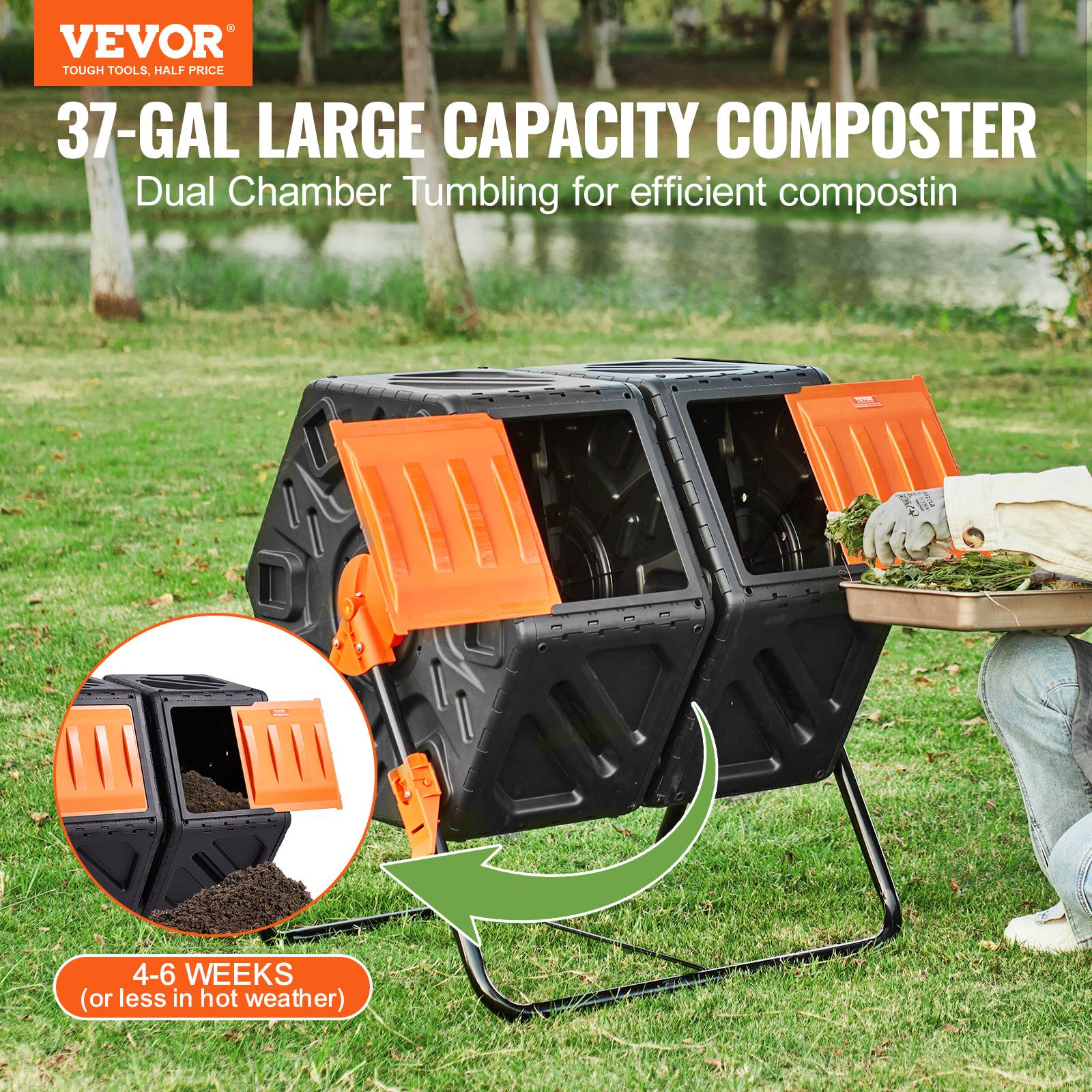 VEVOR Composteur rotatif 140 L double chambre PP sans BPA, rotation 360°, charge 40 kg pour déchets organiques. - Image 2