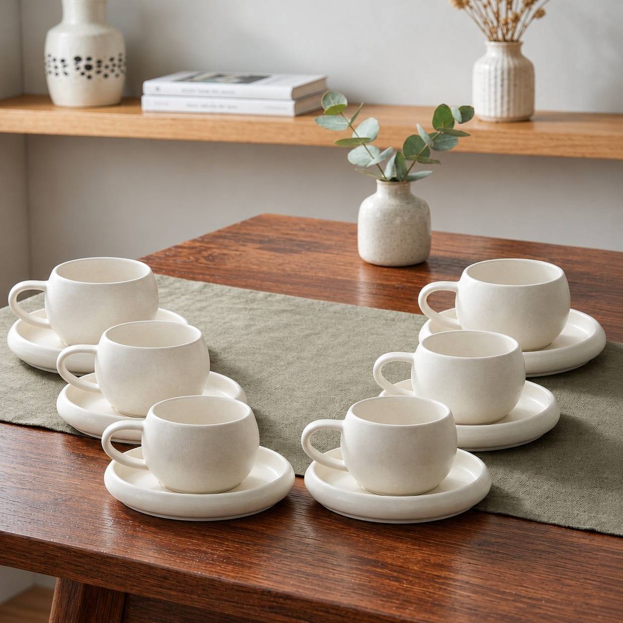 Set de 6 Tasses à Café et Sous-tasses Porcelaine 120ml Blanc - Image 2