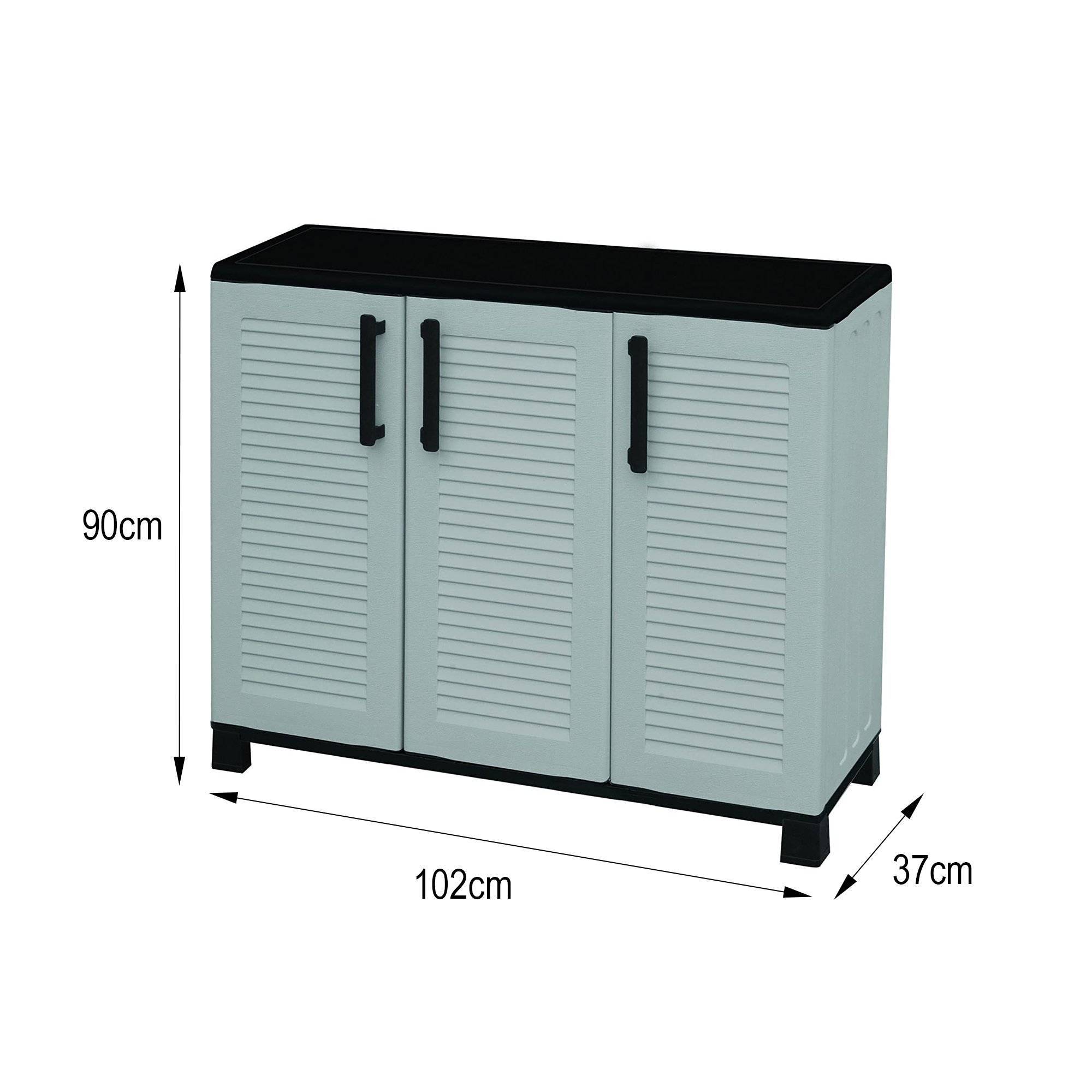 Dmora - Armoire d'extérieur Dbelpann, Armoire de balcon polyvalente, Armoire d'extérieur 3 portes, 102x37h90 cm, Gris clair et noir, Finition rayée - Dmora - Imagen 3