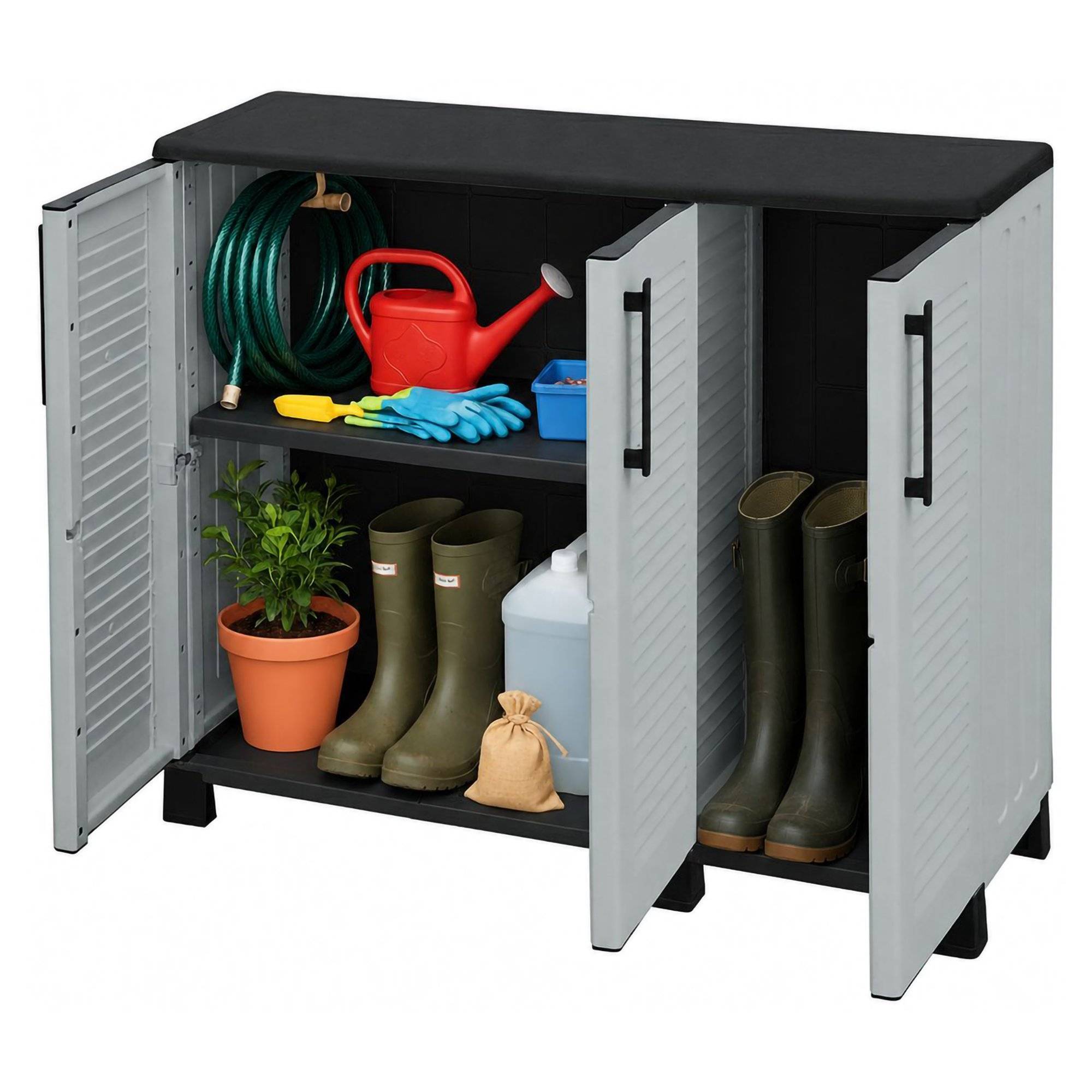 Dmora - Armoire d'extérieur Dbelpann, Armoire de balcon polyvalente, Armoire d'extérieur 3 portes, 102x37h90 cm, Gris clair et noir, Finition rayée - Dmora - Imagen 1