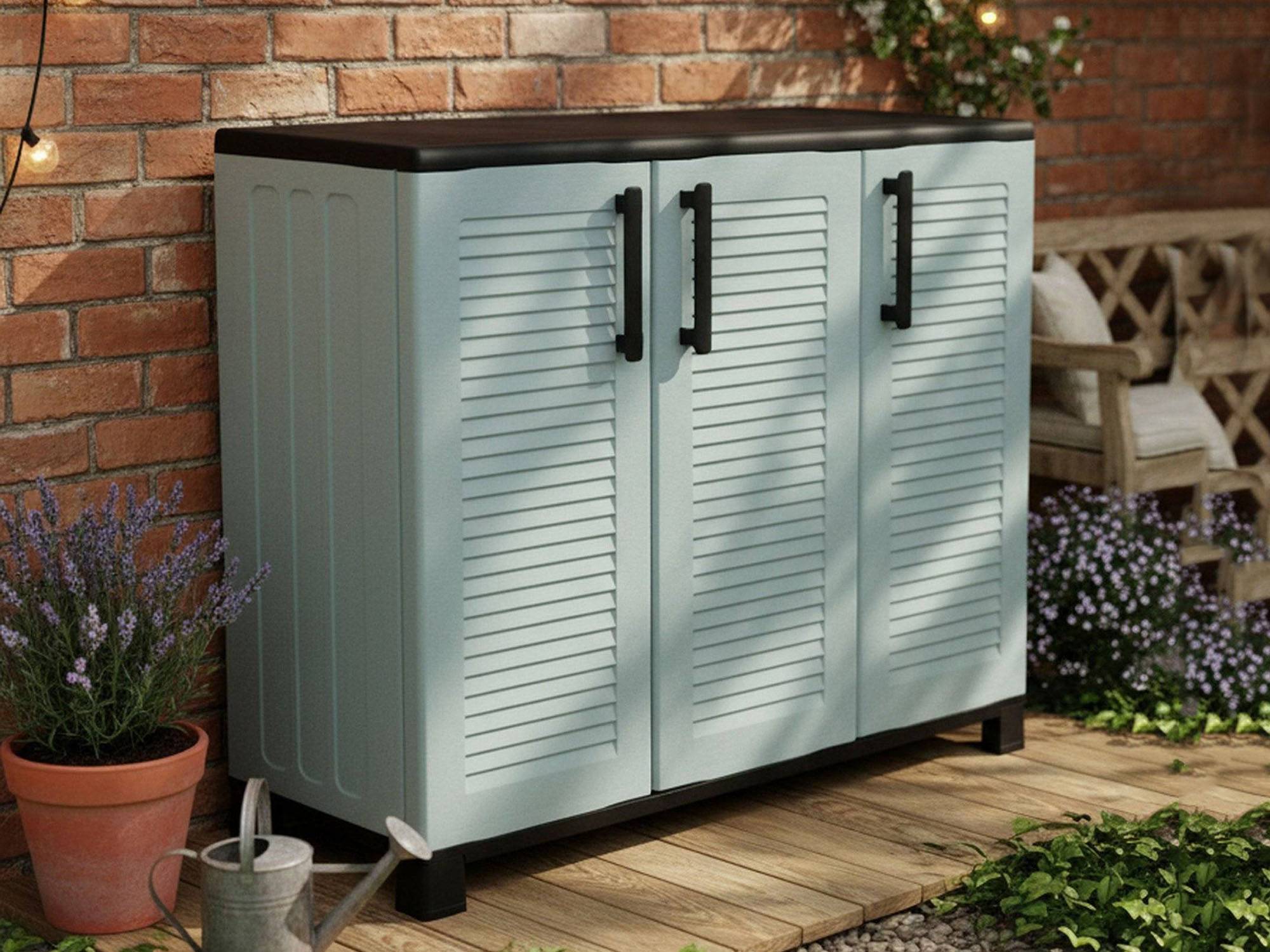 Dmora - Armoire d'extérieur Dbelpann, Armoire de balcon polyvalente, Armoire d'extérieur 3 portes, 102x37h90 cm, Gris clair et noir, Finition rayée - Dmora - Imagen 5