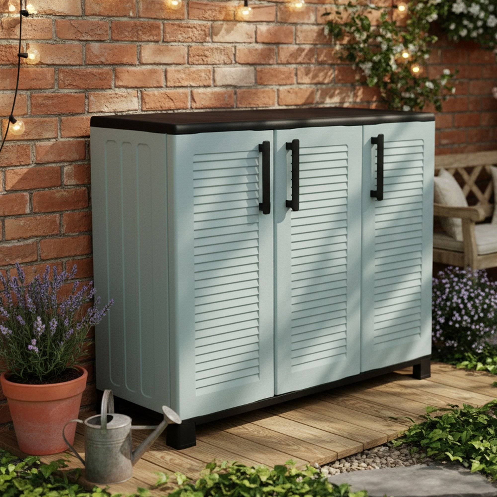 Dmora - Armoire d'extérieur Dbelpann, Armoire de balcon polyvalente, Armoire d'extérieur 3 portes, 102x37h90 cm, Gris clair et noir, Finition rayée - Dmora - Imagen 2