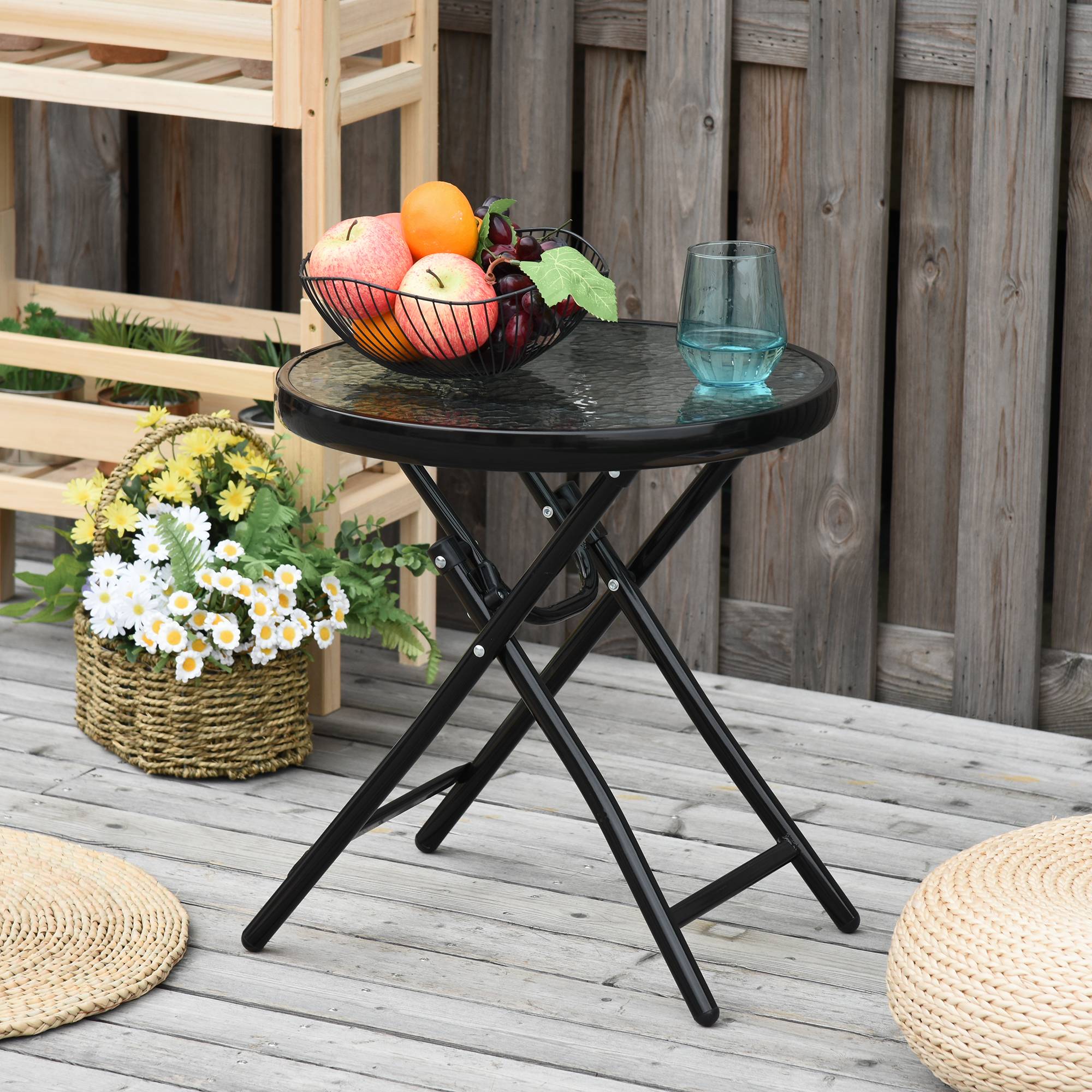 Table d'Appoint Pliante Métal Verre Extérieur Verrou Sécurité Ø45x50cm - ComfortXL Outdoor Living - Image 2