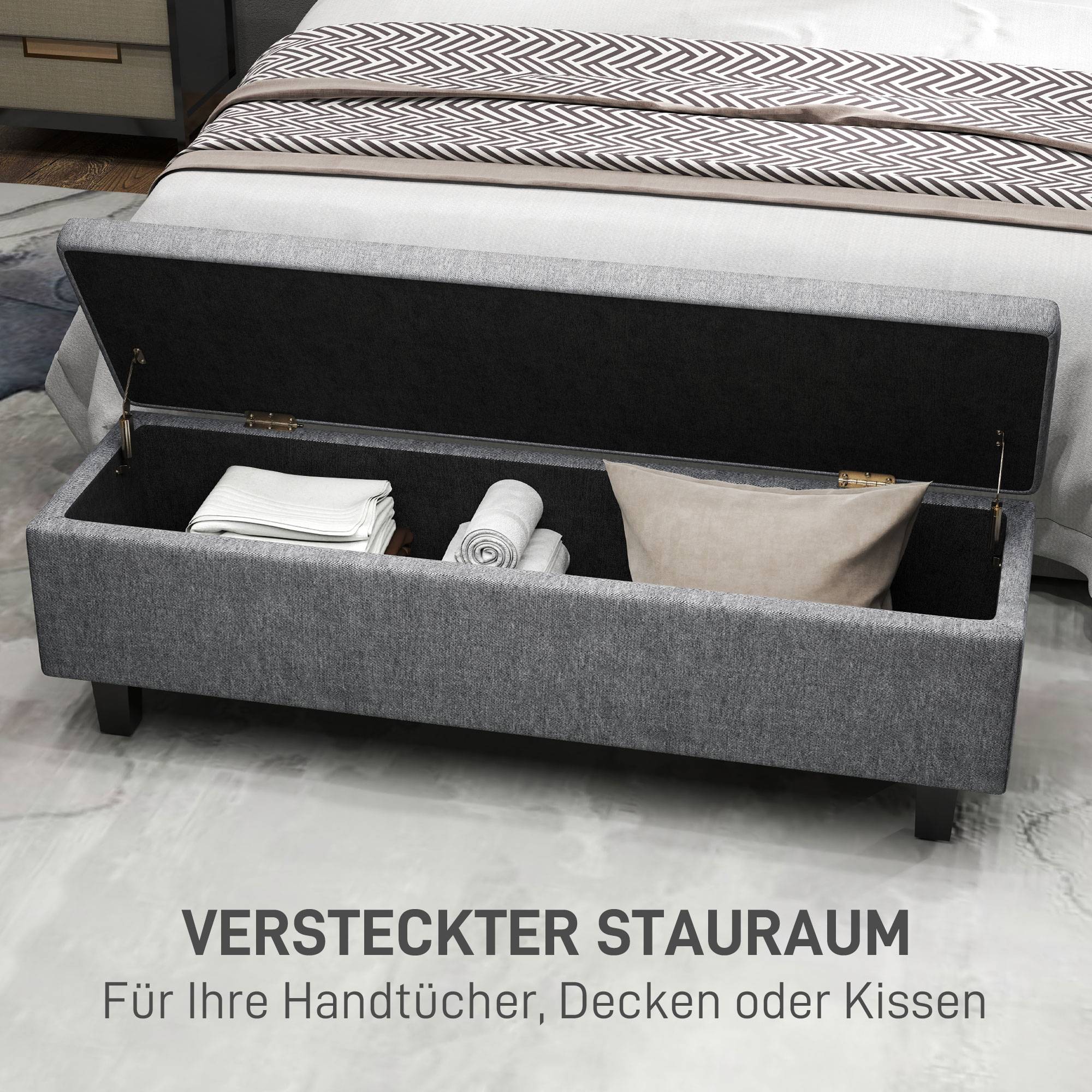 Grand banc coffre moderne tissu et bois avec rangement pour chambre salon gris foncé 138 cm – ComfortXL Outdoor Living - Image 4