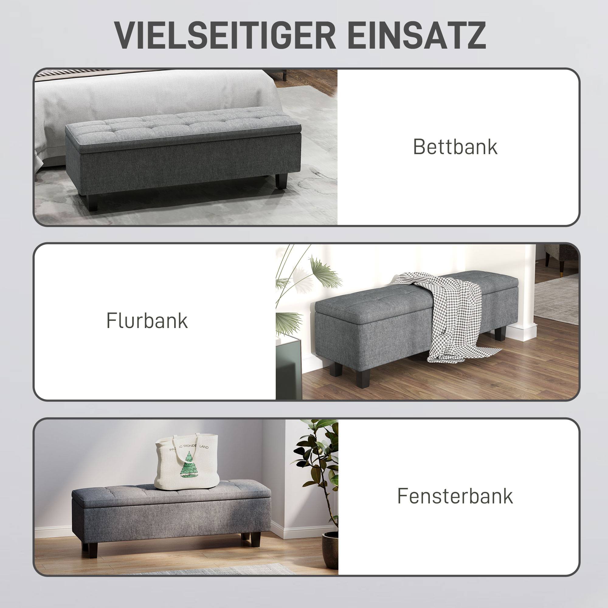 Grand banc coffre moderne tissu et bois avec rangement pour chambre salon gris foncé 138 cm – ComfortXL Outdoor Living - Image 6