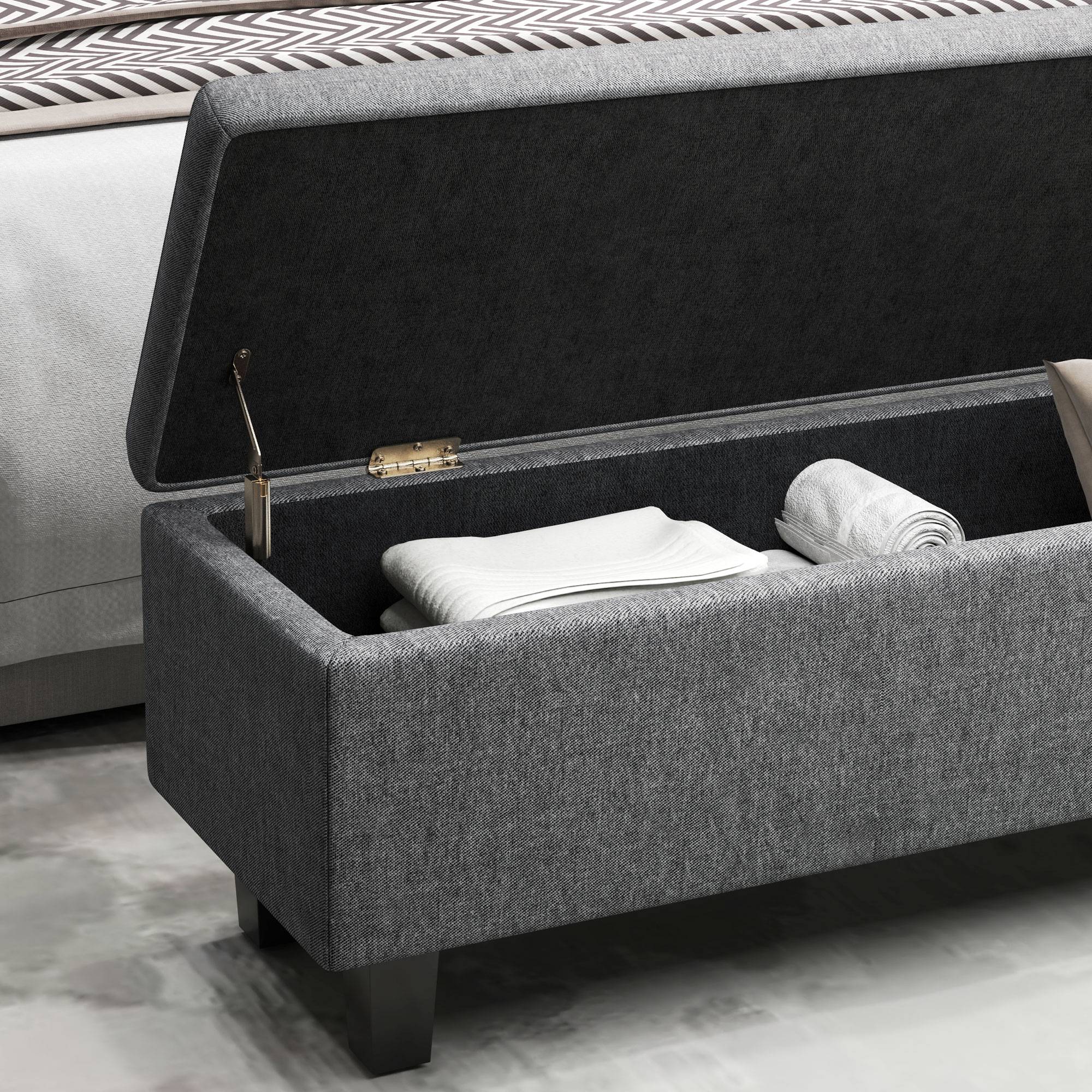 Grand banc coffre moderne tissu et bois avec rangement pour chambre salon gris foncé 138 cm – ComfortXL Outdoor Living - Image 8