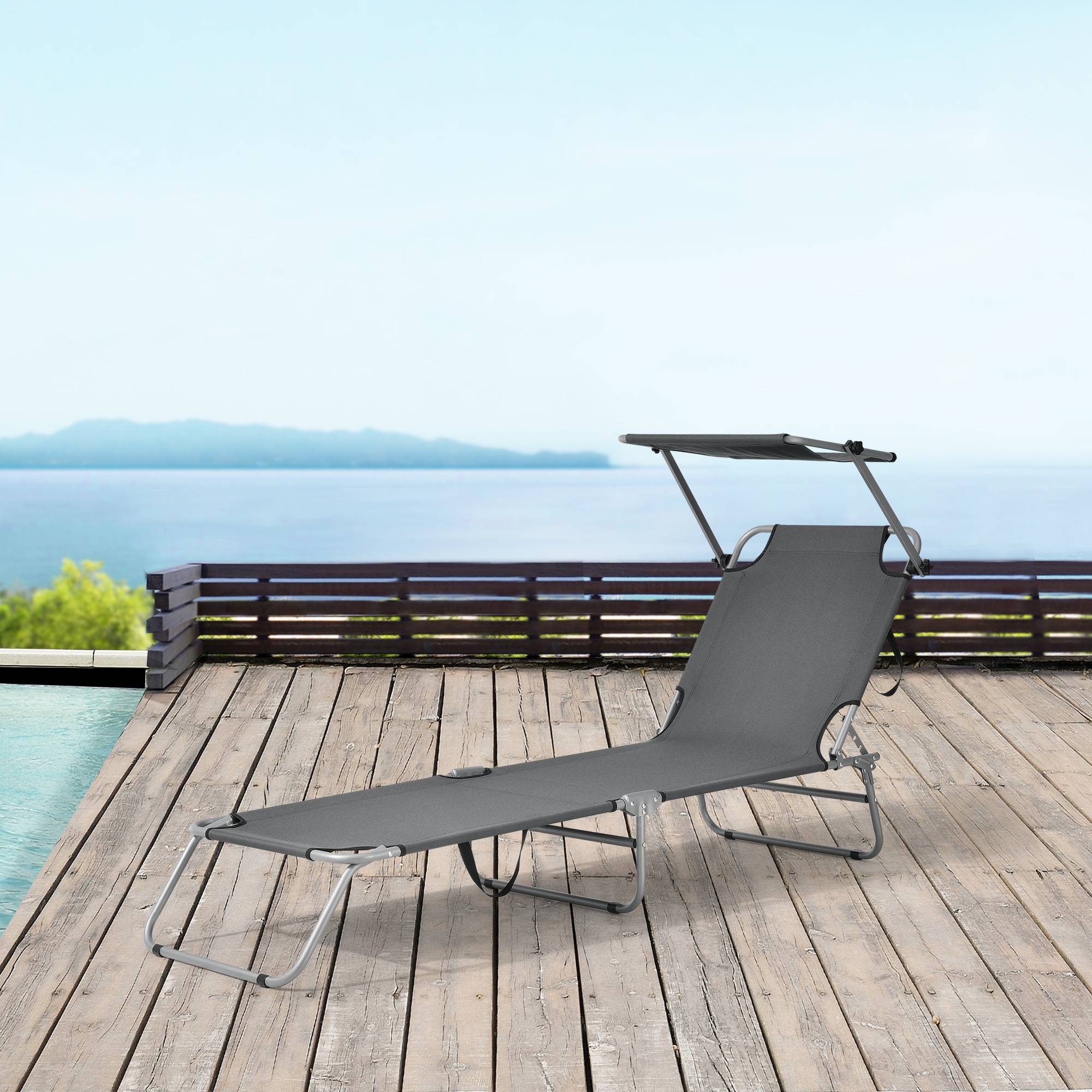 Casa.Pro - Conjunto de 2 tumbonas Argozelo con parasol Acero Poliéster Plateado Gris Oscuro [casa.pro] - Imagen 2