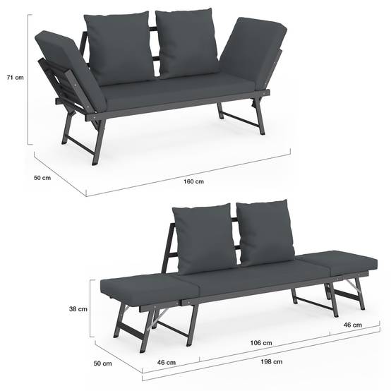 Canapé de jardin, banquette convertible NOLA 2/3 places avec accoudoirs inclinables métal et coussins gris anthracite - Image 5