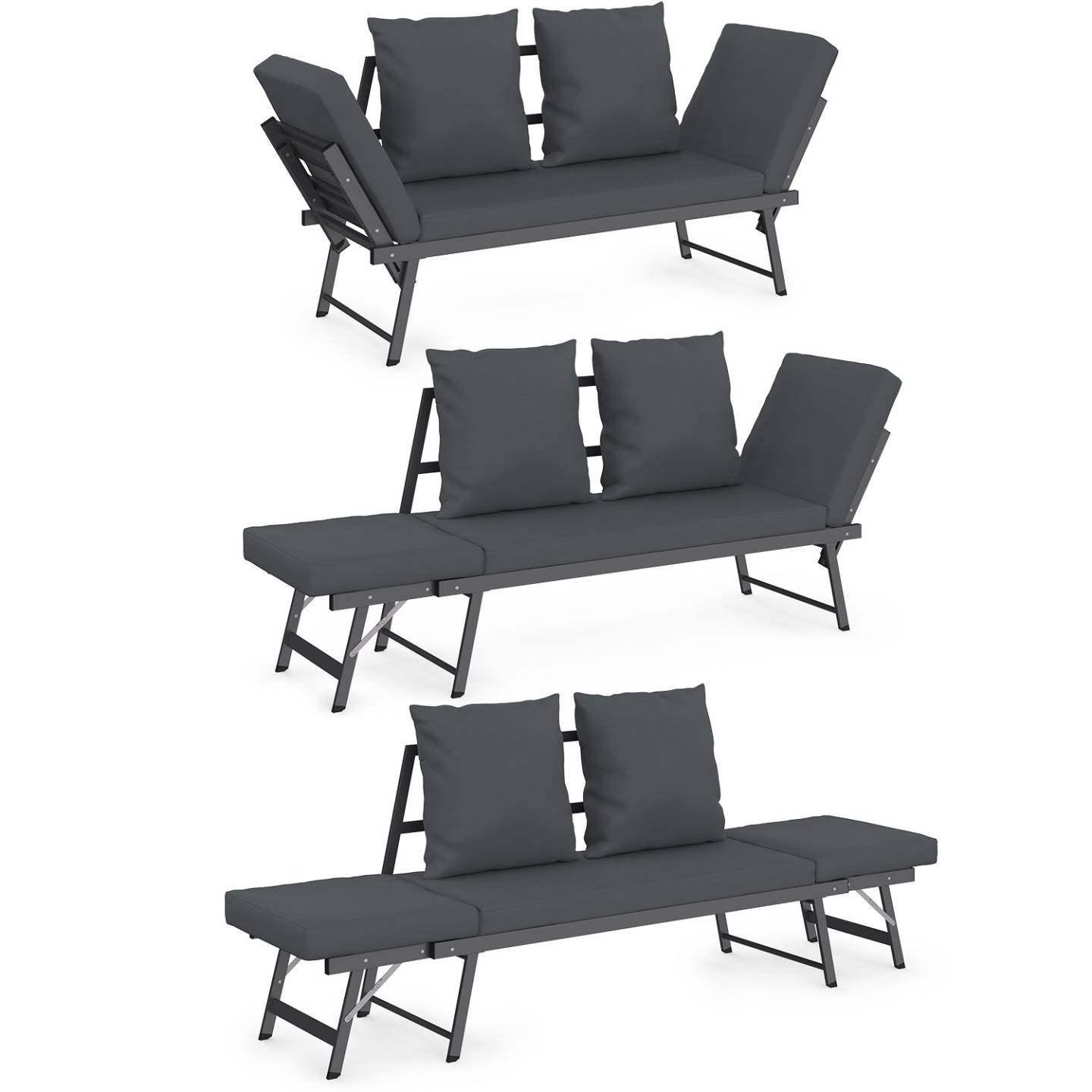 Canapé de jardin, banquette convertible NOLA 2/3 places avec accoudoirs inclinables métal et coussins gris anthracite - Image 4