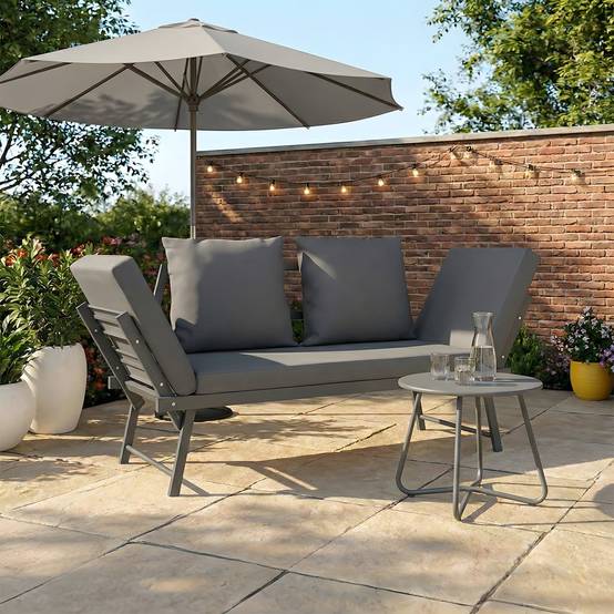 Canapé de jardin, banquette convertible NOLA 2/3 places avec accoudoirs inclinables métal et coussins gris anthracite - Image 1