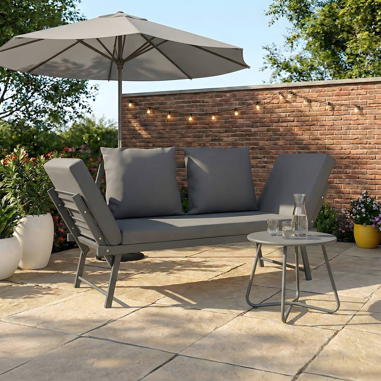 Canapé de jardin, banquette convertible NOLA 2/3 places avec accoudoirs inclinables métal et coussins gris anthracite - Image 1