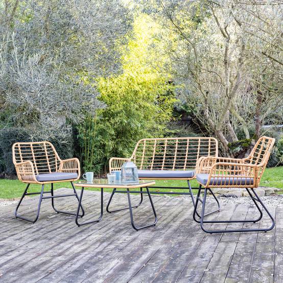 Happy Garden - Salon de jardin TIGA en résine tressée 4 places - coussins gris - HAPPY GARDEN - Imagen 10