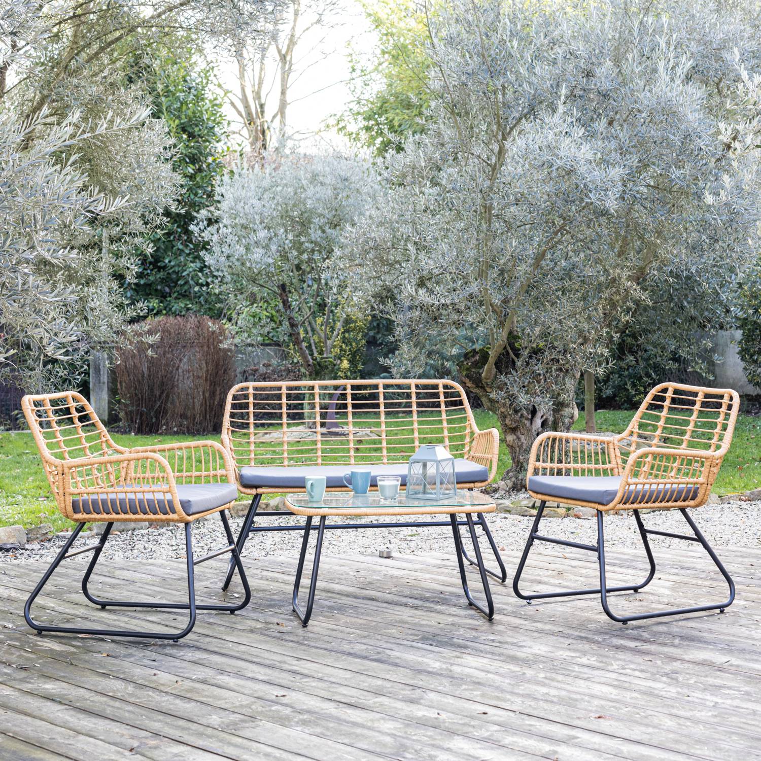 Happy Garden - Salon de jardin TIGA en résine tressée 4 places - coussins gris - HAPPY GARDEN - Imagen 2