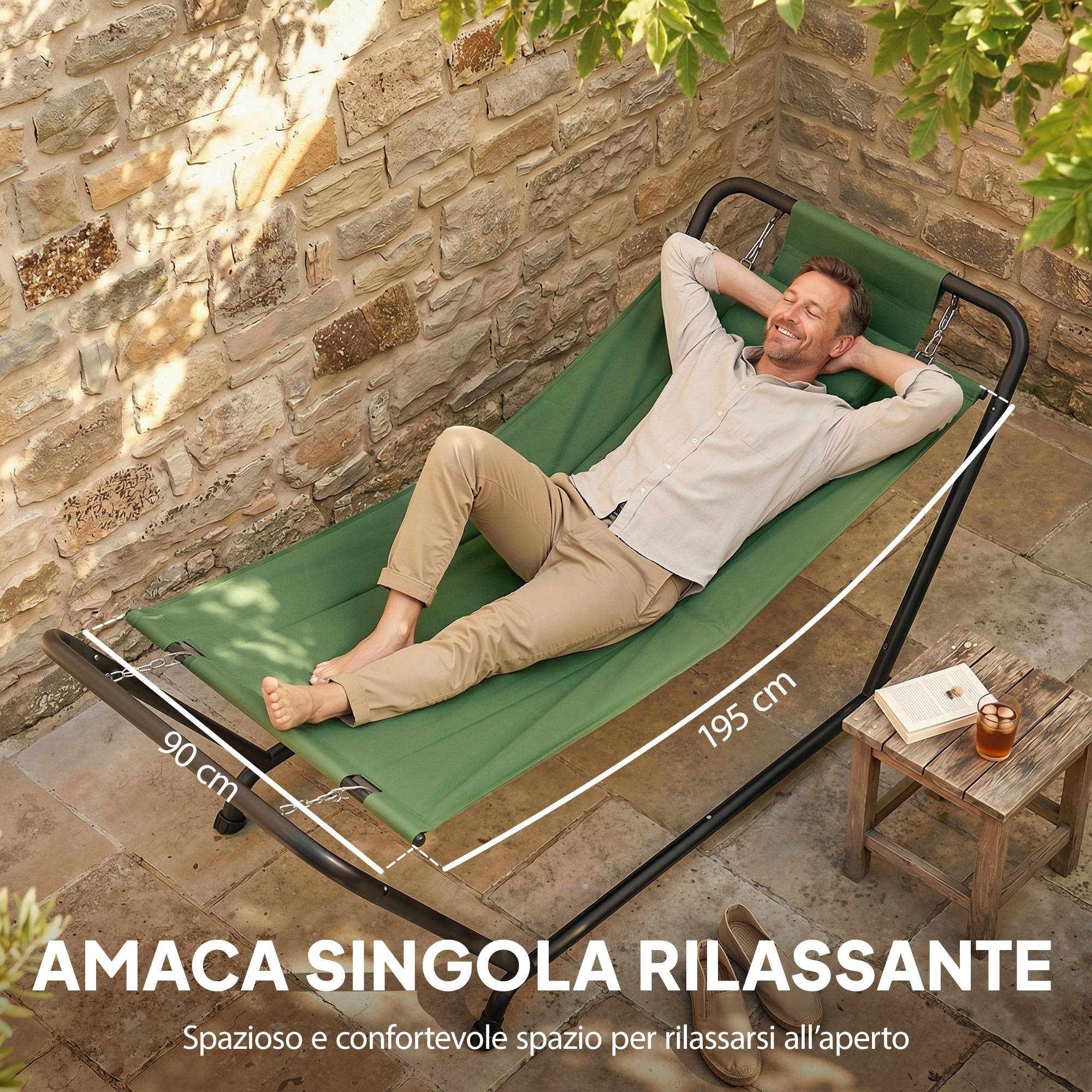 Hamac jardin avec support, poche latérale et appui-tête, métal polyester, 237x90x92cm, vert foncé - Image 6