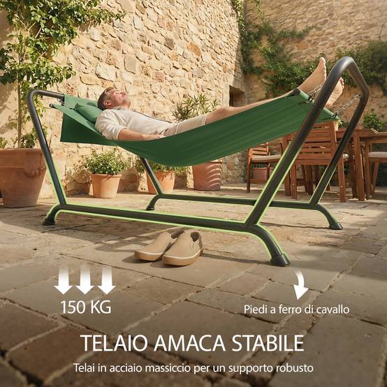 Hamac jardin avec support, poche latérale et appui-tête, métal polyester, 237x90x92cm, vert foncé - Image 10