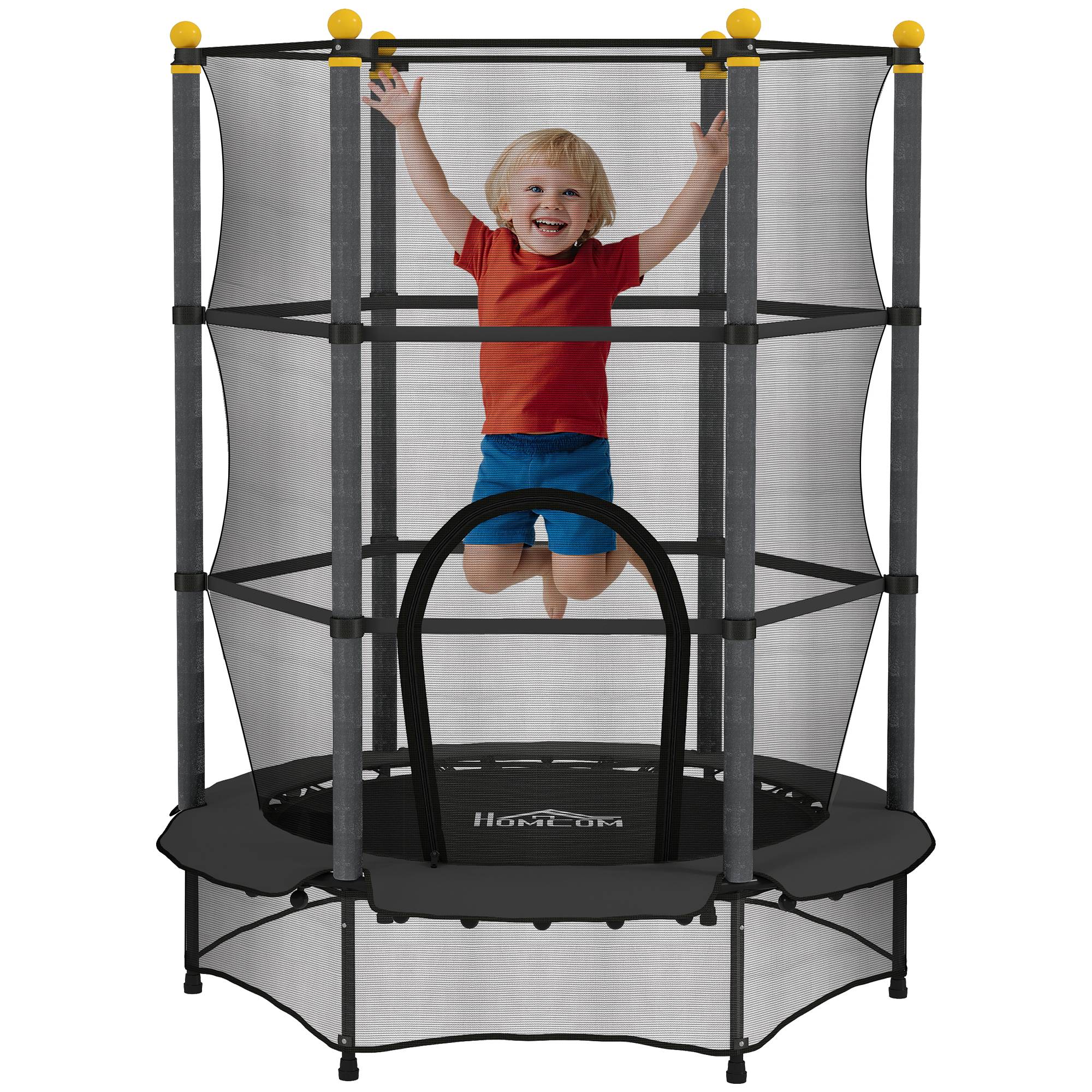 Trampoline Enfant Ø 1,40 × 1,90H m Filet de sécurité Porte zipée Couvre-Ressorts 6 poteaux rembourrés Inclus