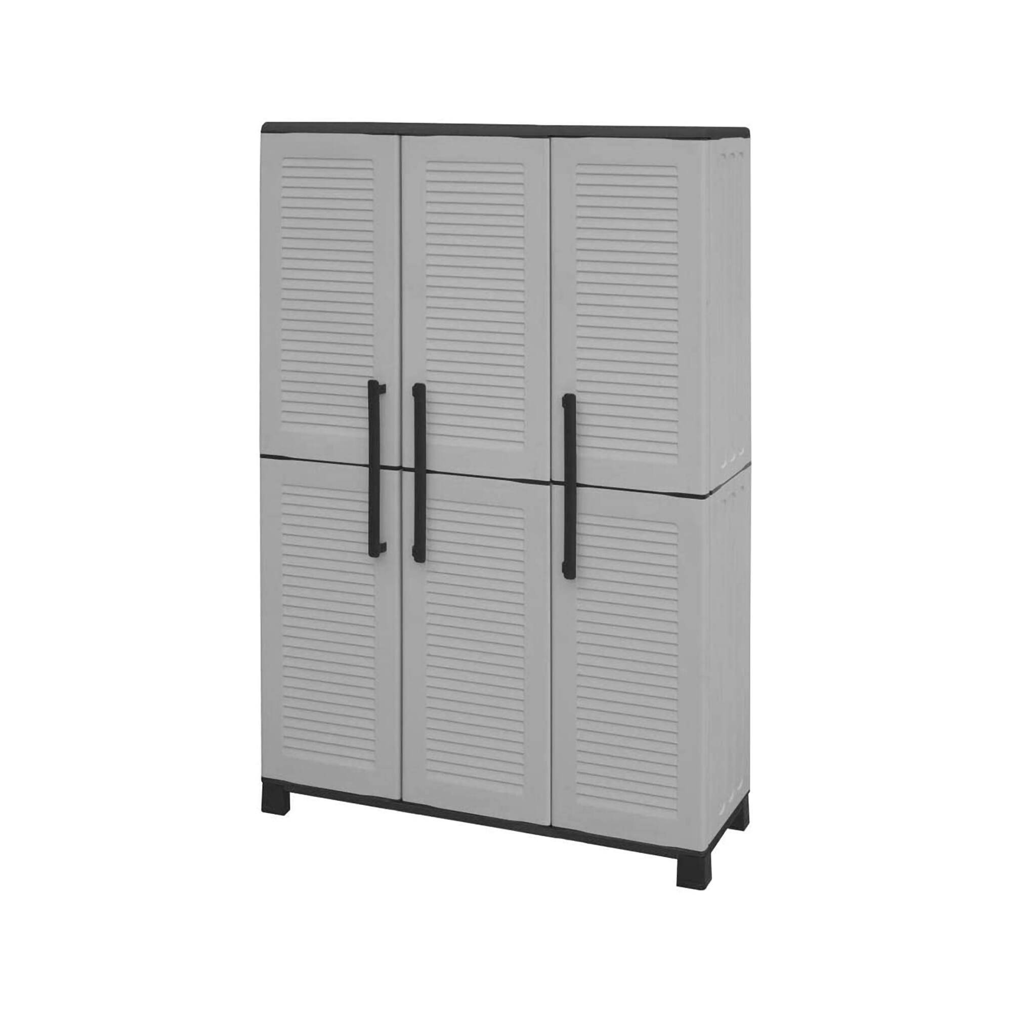 Dmora - Armoire d'extérieur Dbellanov, Armoire porte-balai, Armoire d'extérieur 3 portes, 102x37h169 cm, Gris clair et noir, Finition rayée - Dmora - Imagen 1