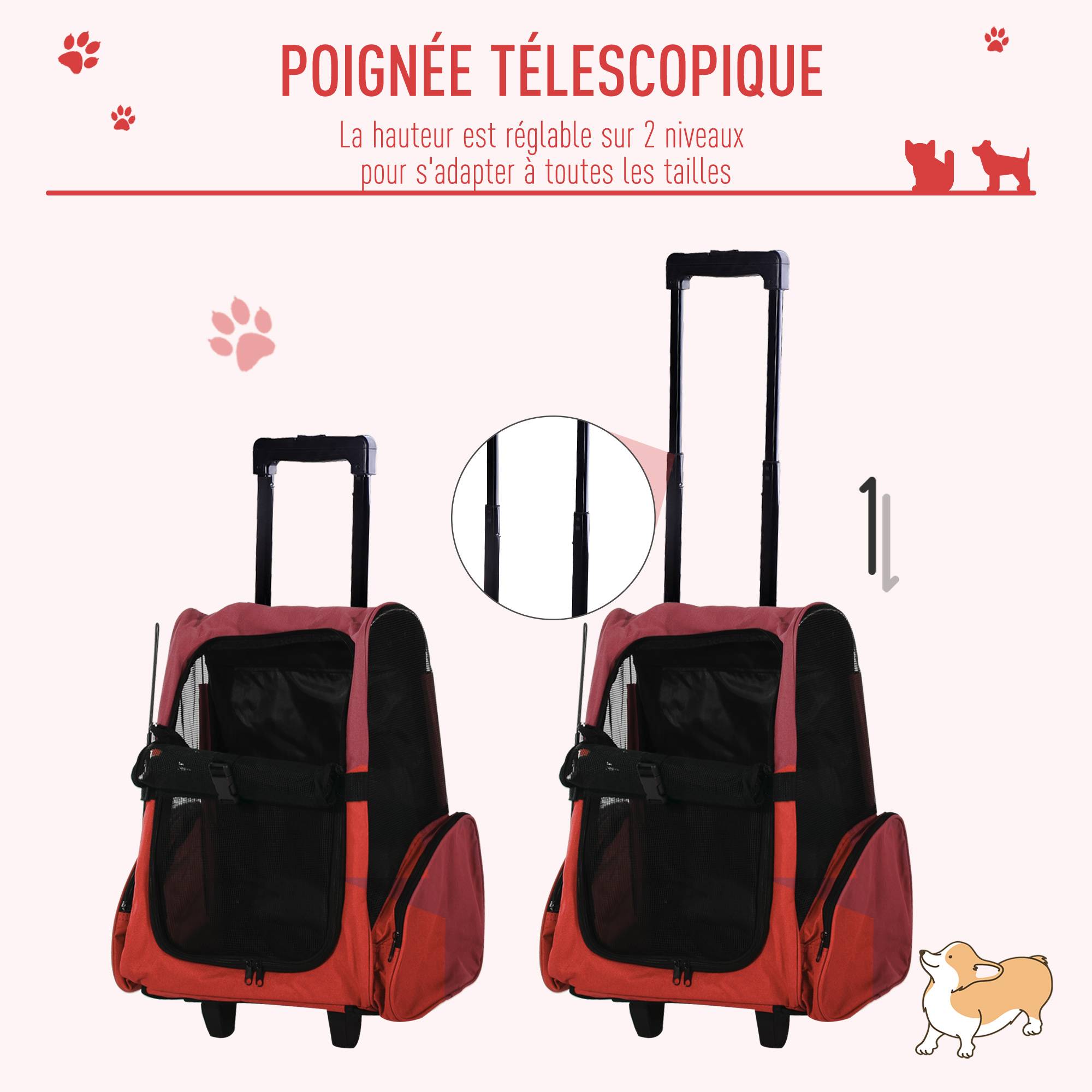 Sac de transport trolley tissu pour animaux 2 en 1 sac à dos aéré rouge 42x25x55cm - ComfortXL Outdoor Living - Image 7