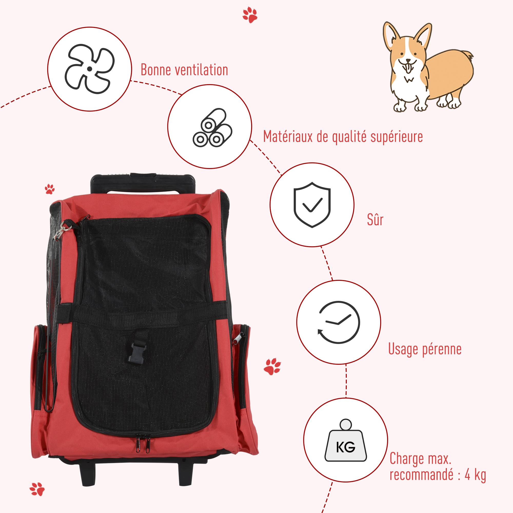Sac de transport trolley tissu pour animaux 2 en 1 sac à dos aéré rouge 42x25x55cm - ComfortXL Outdoor Living - Image 8