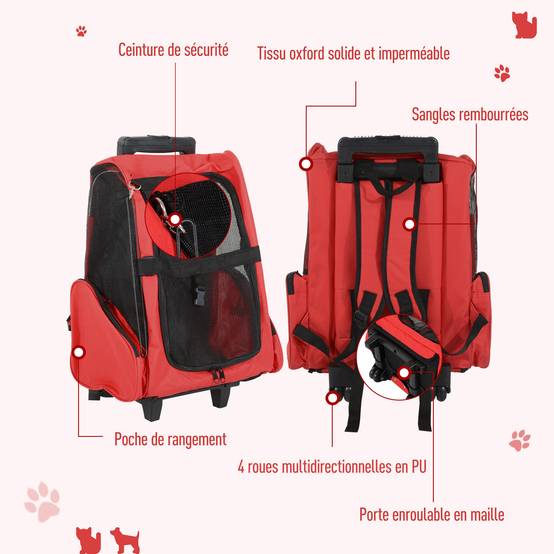 Sac de transport trolley tissu pour animaux 2 en 1 sac à dos aéré rouge 42x25x55cm - ComfortXL Outdoor Living - Image 9