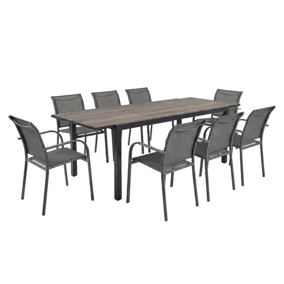 Table de jardin extensible aluminium effet bois + 8 assises anthracite ...