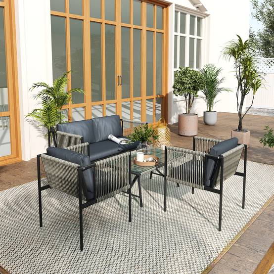 Mobilier de jardin 4 pièces : canapé + 2 fauteuils + table verre, coussins, cadre acier, rotin plastique, gris - Image 8