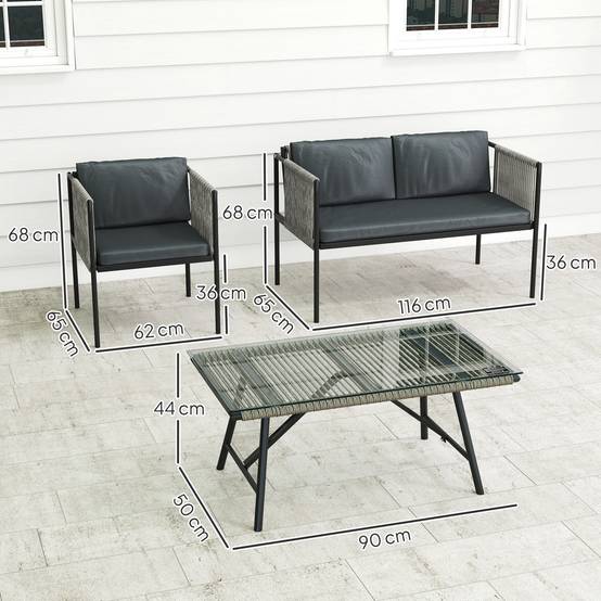 Mobilier de jardin 4 pièces : canapé + 2 fauteuils + table verre, coussins, cadre acier, rotin plastique, gris - Image 3