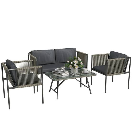 Mobilier de jardin 4 pièces : canapé + 2 fauteuils + table verre, coussins, cadre acier, rotin plastique, gris - Image 1