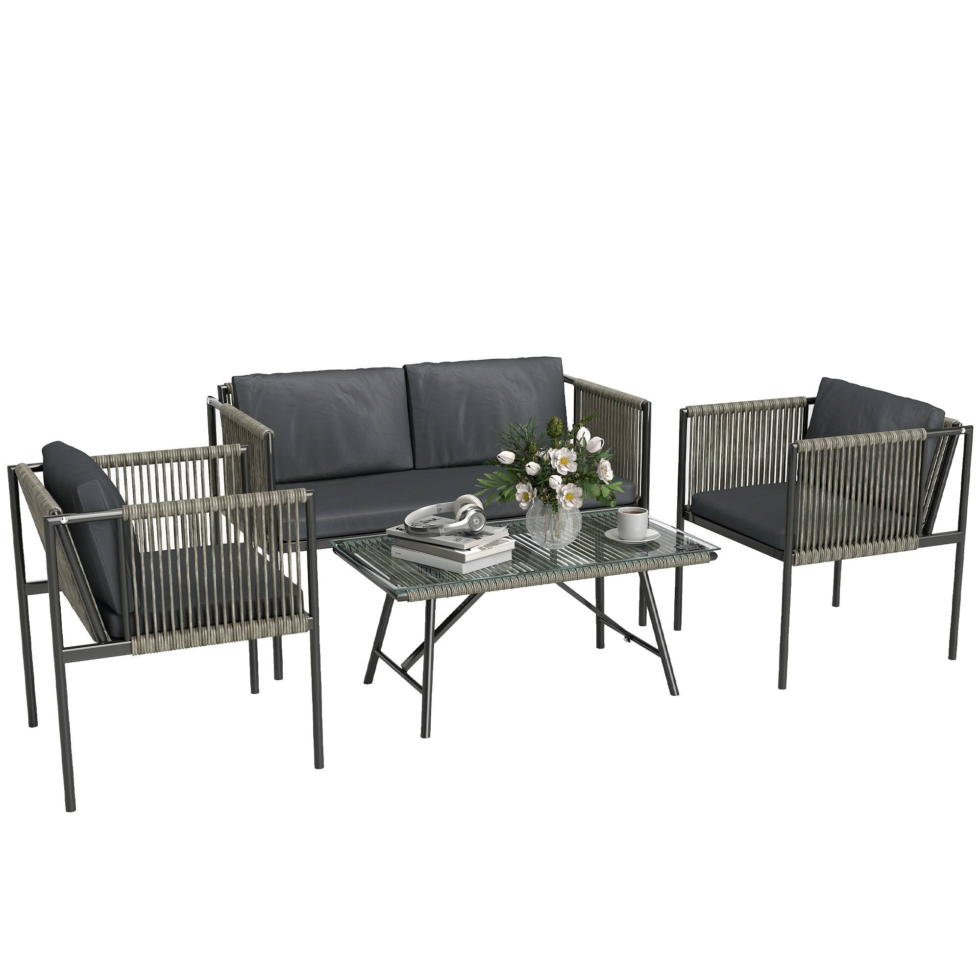 Mobilier de jardin 4 pièces : canapé + 2 fauteuils + table verre, coussins, cadre acier, rotin plastique, gris - Image 1