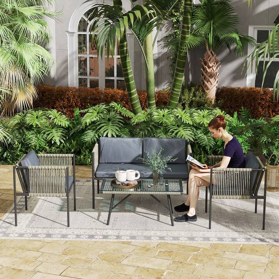 Mobilier de jardin 4 pièces : canapé + 2 fauteuils + table verre, coussins, cadre acier, rotin plastique, gris - Image 2