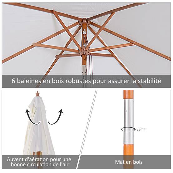 PANGIVO - Parasol rectangulaire inclinable en bois de bambou et polyester crème 200 x 150 x 235 cm - PANGIVO - Image 7
