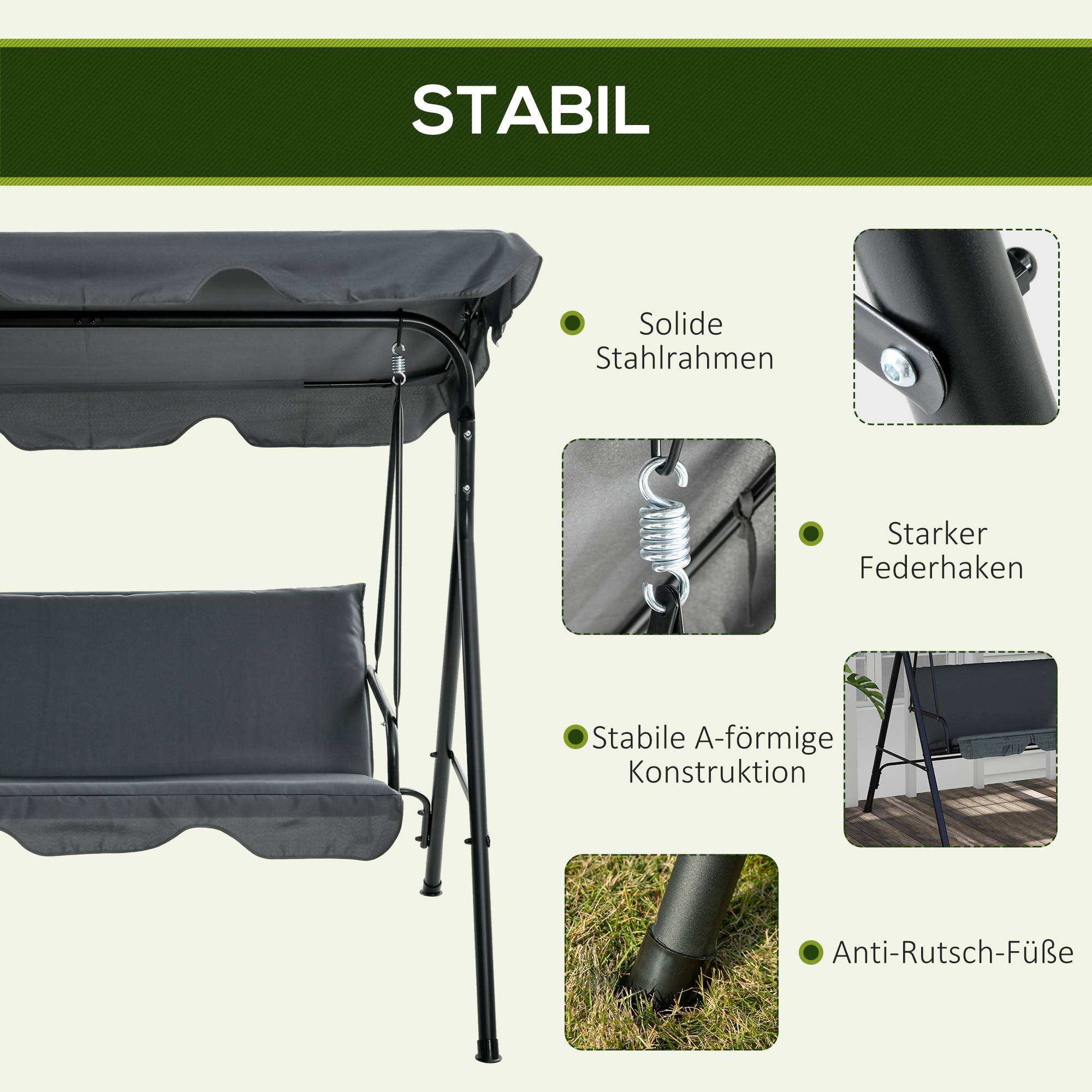 Balancelle de jardin 3 places acier toit inclinable anti-UV 172x110x153cm gris - ComfortXL Outdoor Living - Image 7