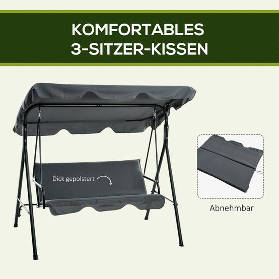 Balancelle de jardin 3 places acier toit inclinable anti-UV 172x110x153cm gris - ComfortXL Outdoor Living - Image 9
