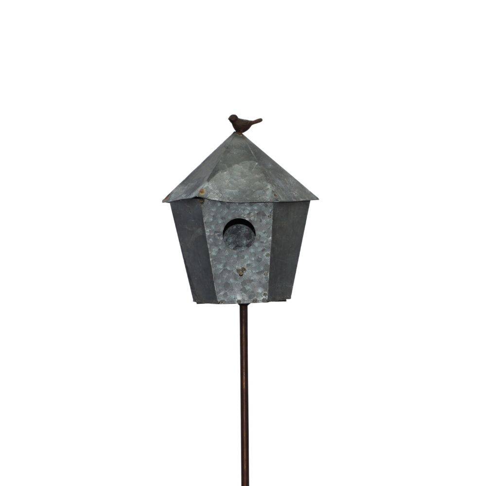 Nichoir cabane oiseaux mésanges rouge gorges métal gris 173cm Chemin de campagne