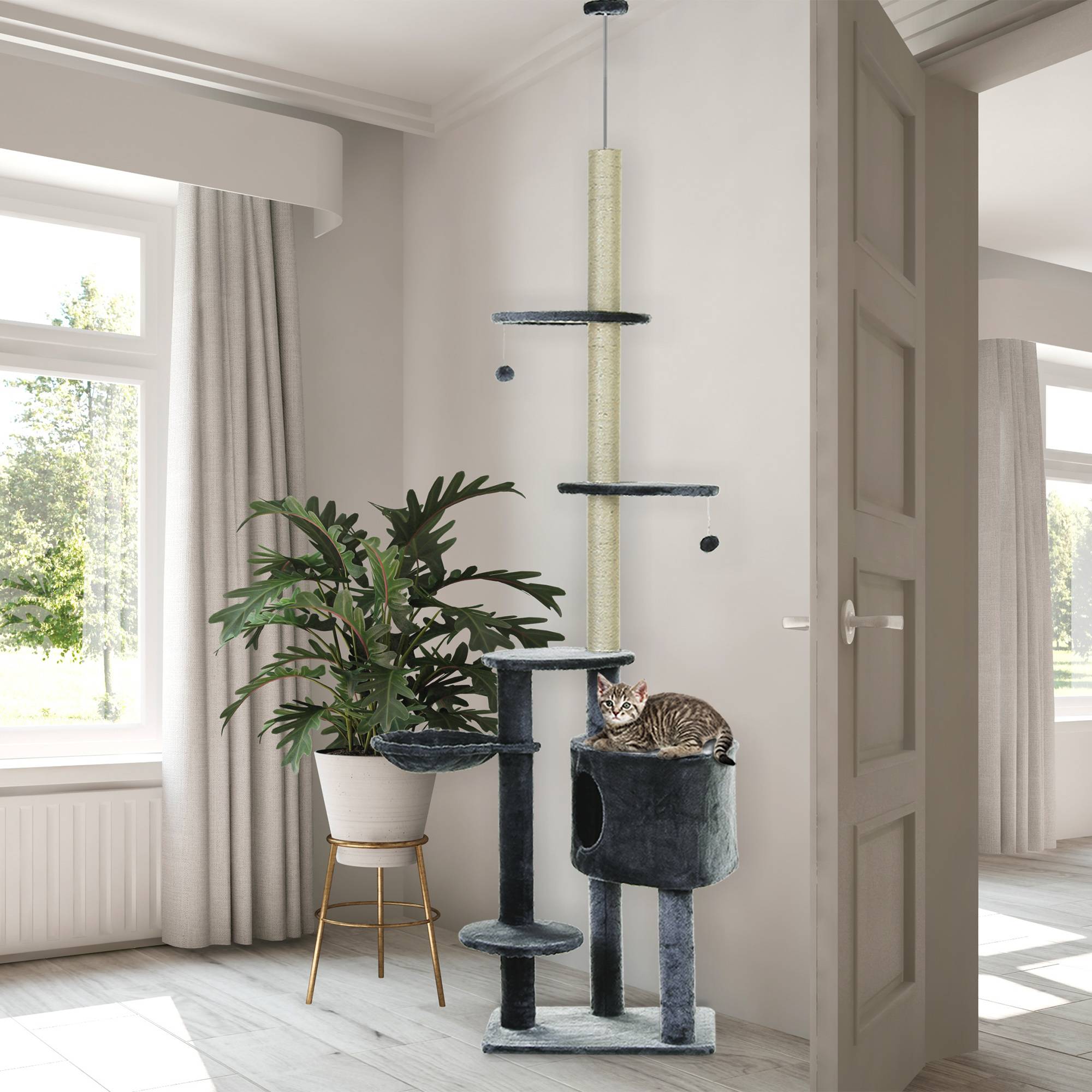 Arbre à chat sol-plafond 220-265cm, balles jouets, grotte, hamac, poteaux sisal, plateformes, chats moyens, gris foncé - Image 3
