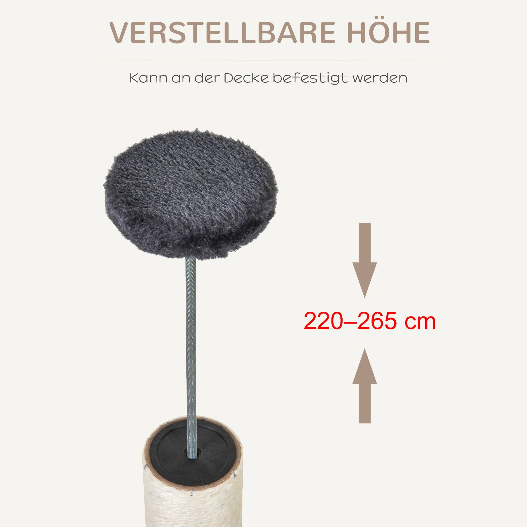 Arbre à chat sol-plafond 220-265cm, balles jouets, grotte, hamac, poteaux sisal, plateformes, chats moyens, gris foncé - Image 9