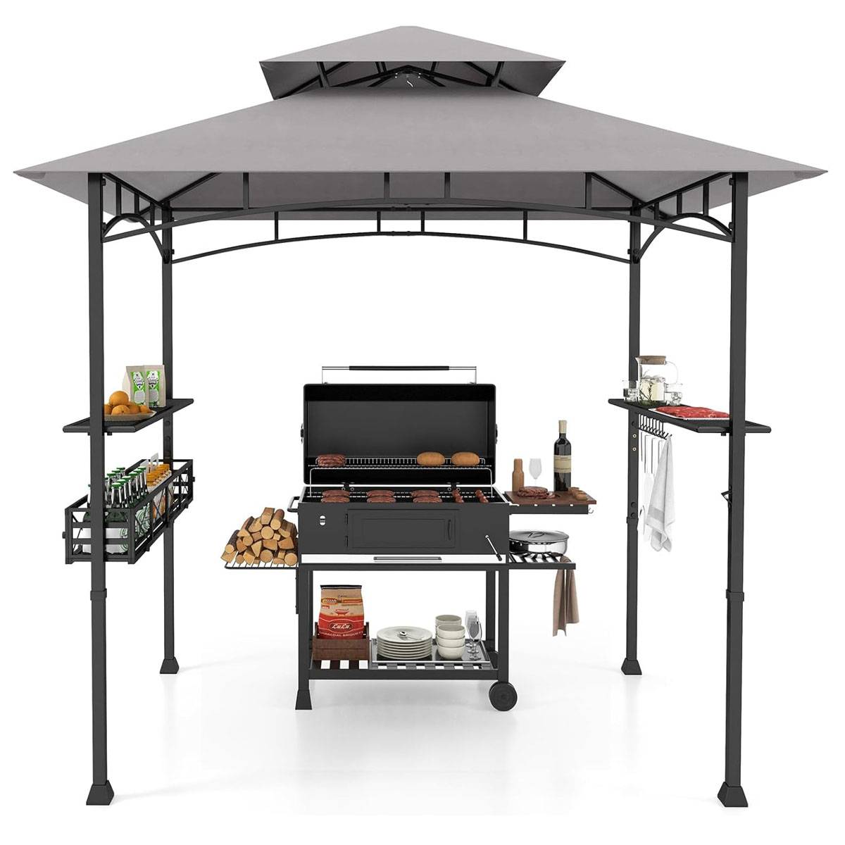 Tonnelle Barbecue Exterieur Auvent Abri Barbecue 2 Tablettes de Service Toit Ventilé Grand Panier - Image 1