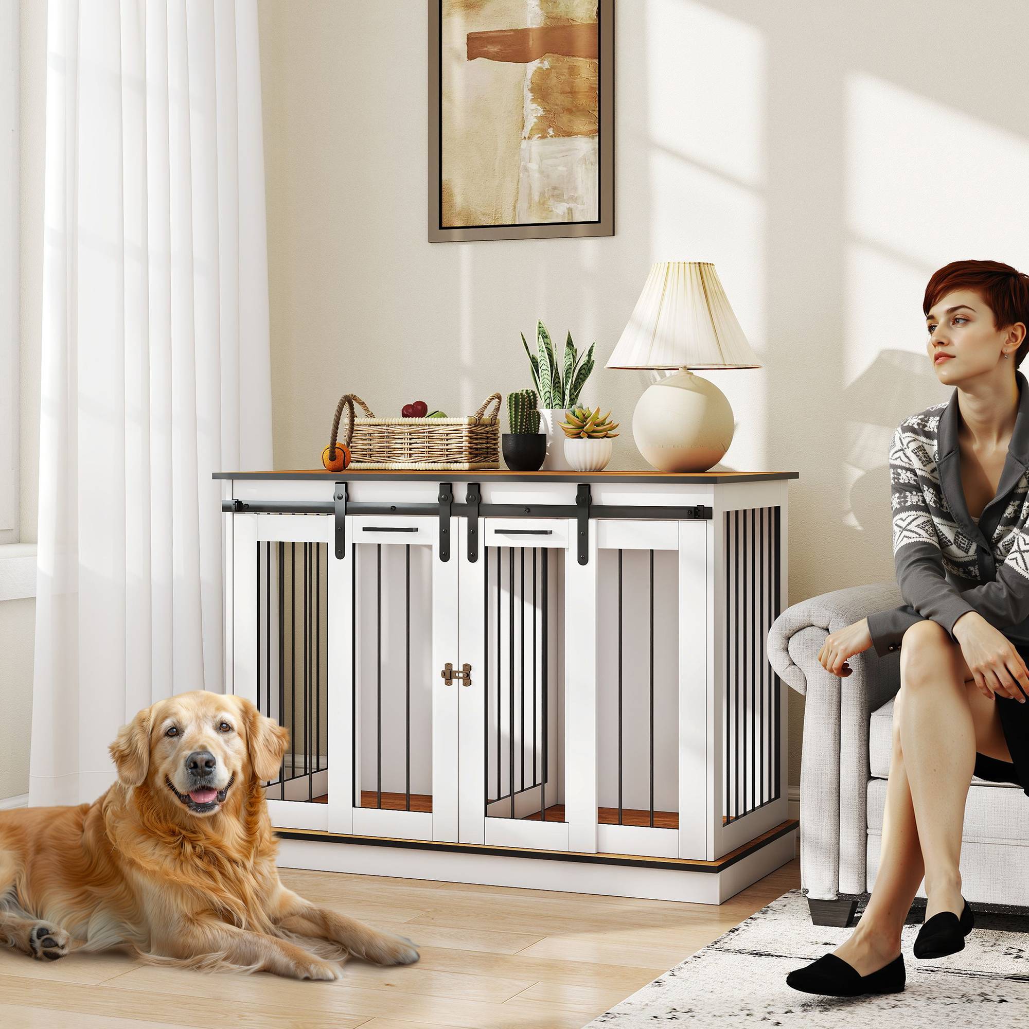 Cage de transport pour chien 2 portes, design rustique verrouillable, blanc - Image 3