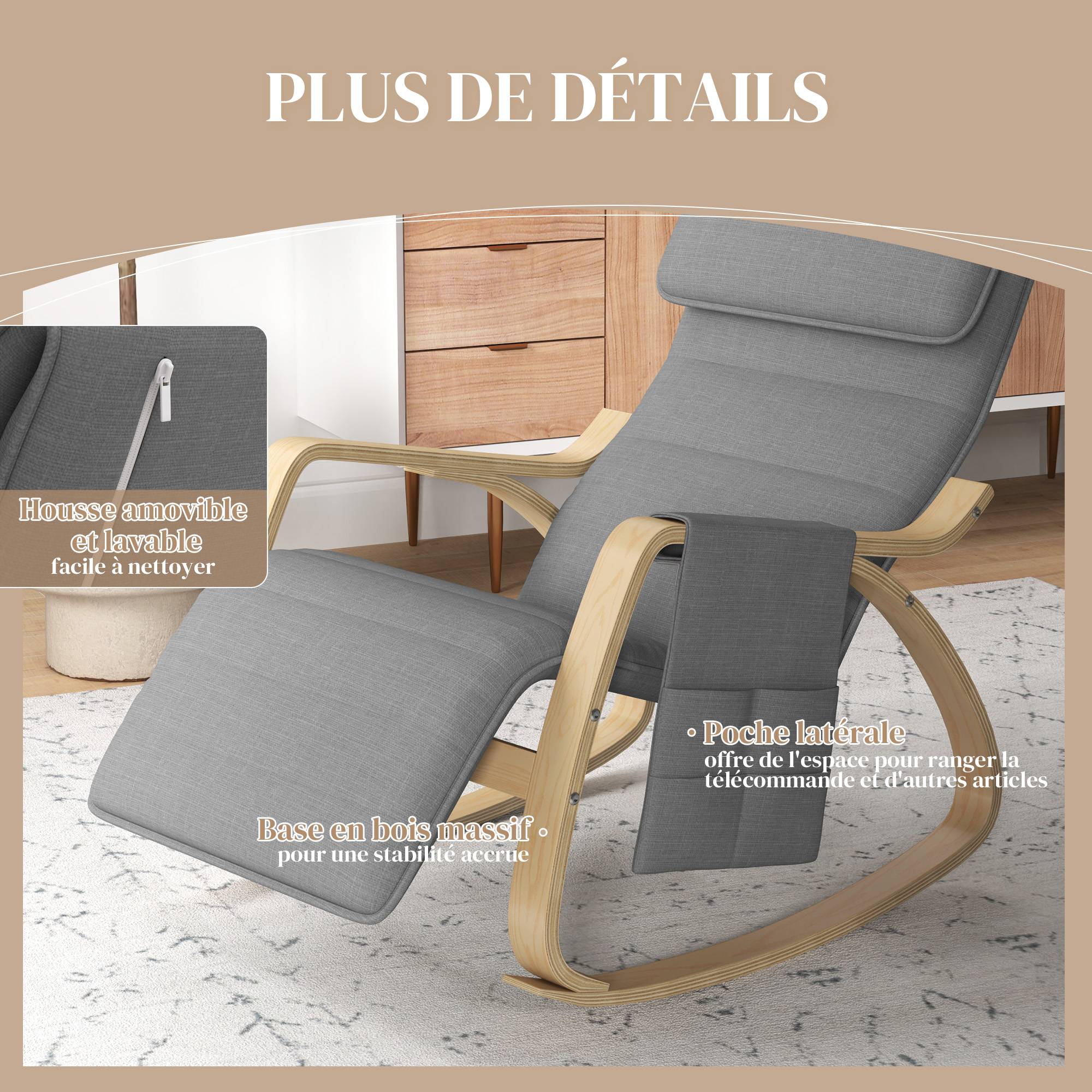 Sans Marque - Fauteuil relax à bascule fauteuil allaitement avec repose-pieds réglable, poche latérale et appui-tête, gris - Image 8