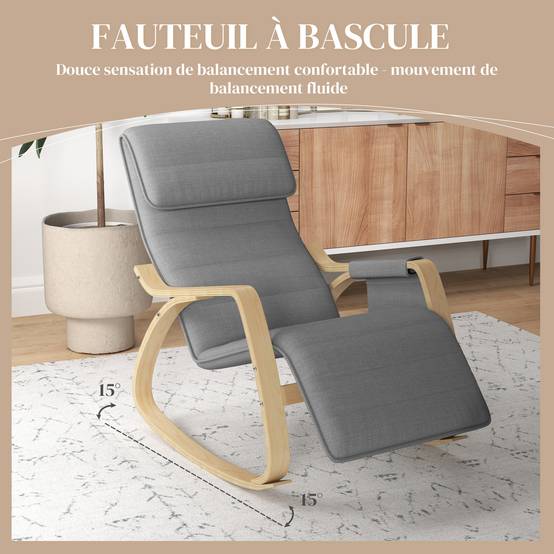 Sans Marque - Fauteuil relax à bascule fauteuil allaitement avec repose-pieds réglable, poche latérale et appui-tête, gris - Image 6