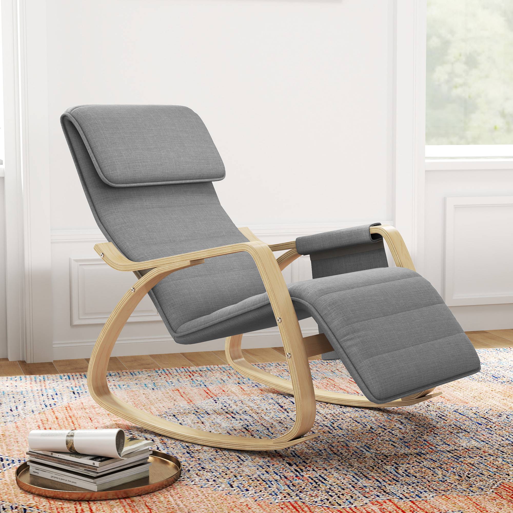 Sans Marque - Fauteuil relax à bascule fauteuil allaitement avec repose-pieds réglable, poche latérale et appui-tête, gris - Image 3