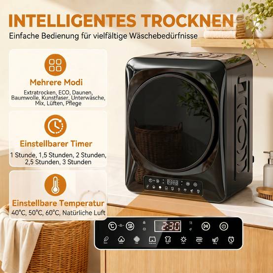 Sèche-linge à évacuation compact 1000W modes extra-sec et ECO, réglages minuterie et température, noir - Image 6