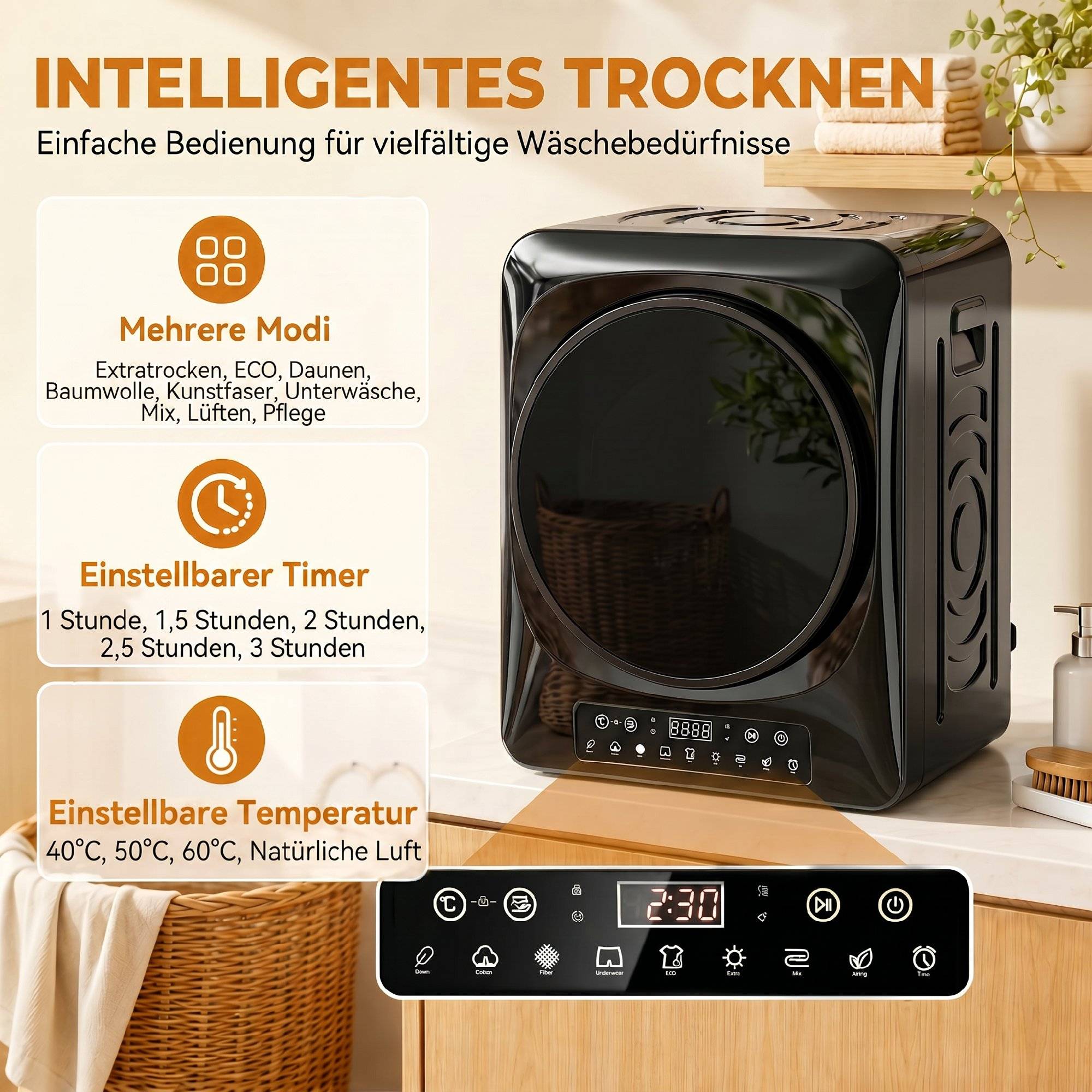 Sèche-linge à évacuation compact 1000W modes extra-sec et ECO, réglages minuterie et température, noir - Image 6