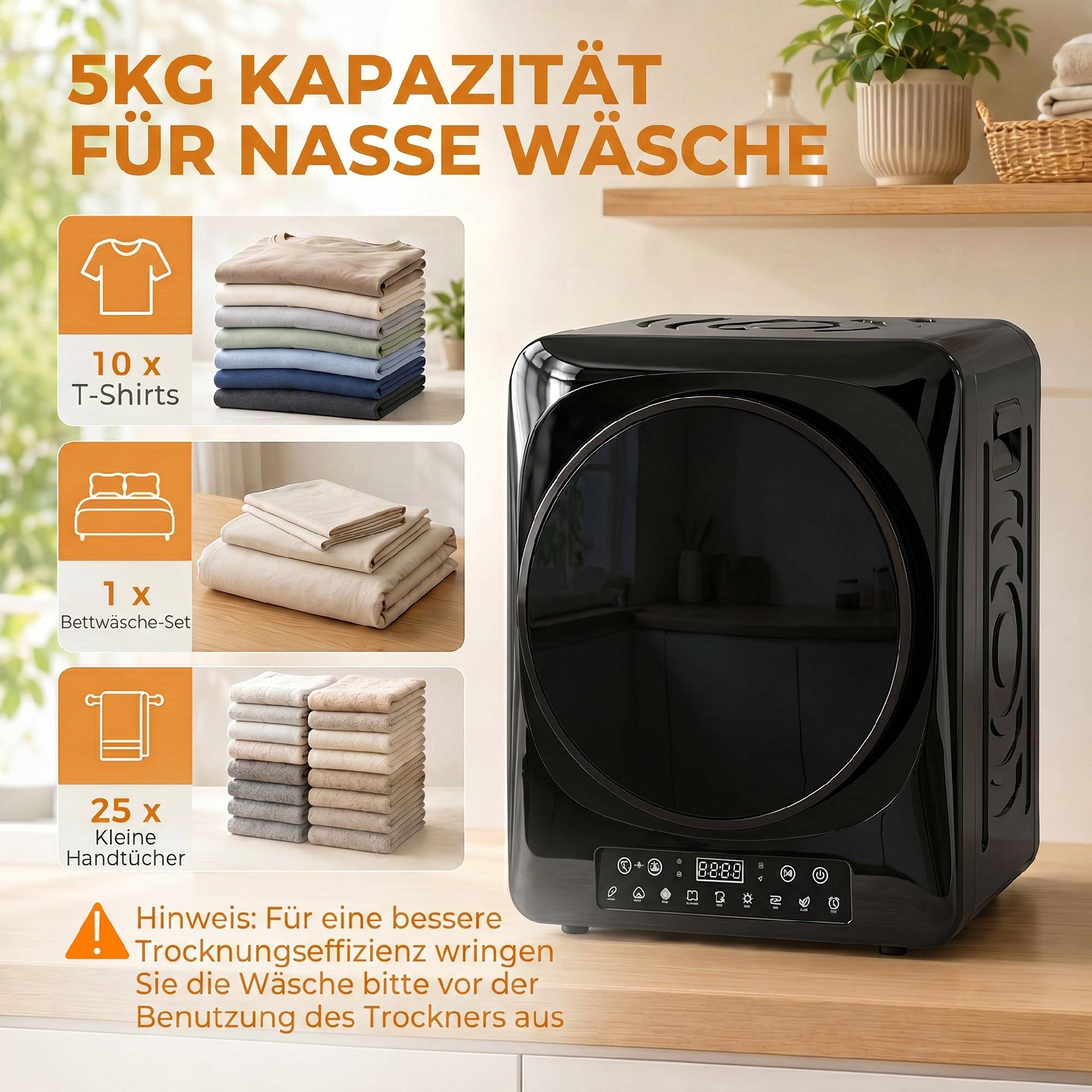 Sèche-linge à évacuation compact 1000W modes extra-sec et ECO, réglages minuterie et température, noir - Image 7