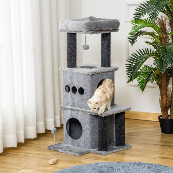 Arbre à chat panneaux de particules et peluche gris 48 x 48 x 100 cm - PANGIVO - Image 3